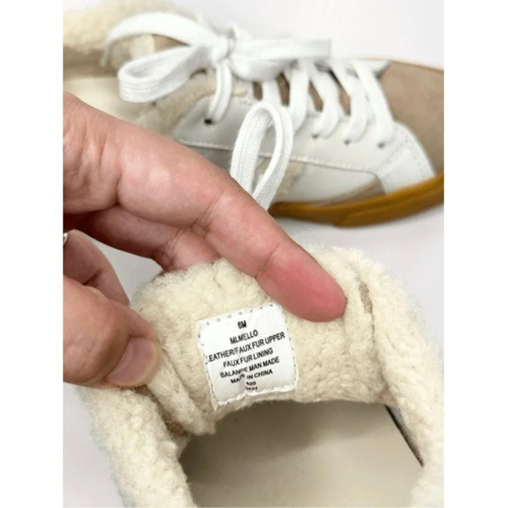 Marc Fisher Ltd. Sidewalk Low Top Sneakers White Leather Sherpa Suede Size 6